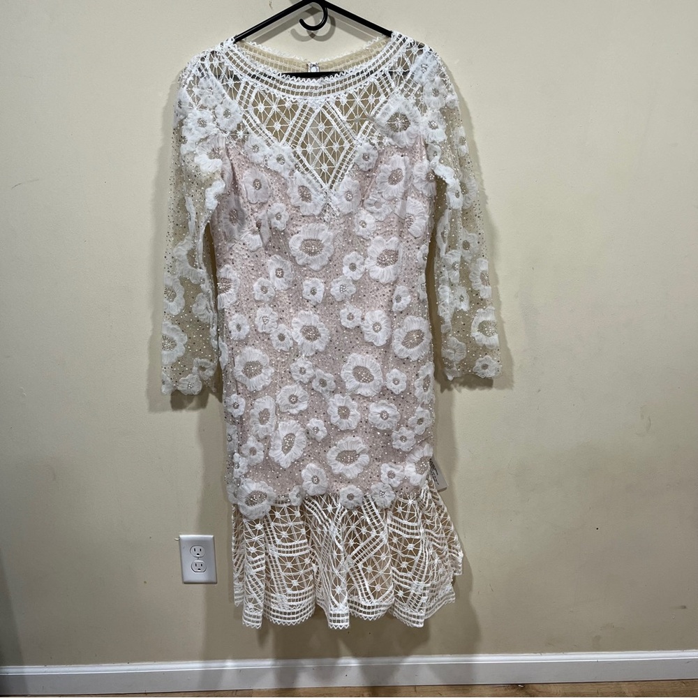NWT Tadashi Shoji Rhinestone Embroidered Long Sleeve Cocktail Dress size12 ivory - Picture 3 of 11